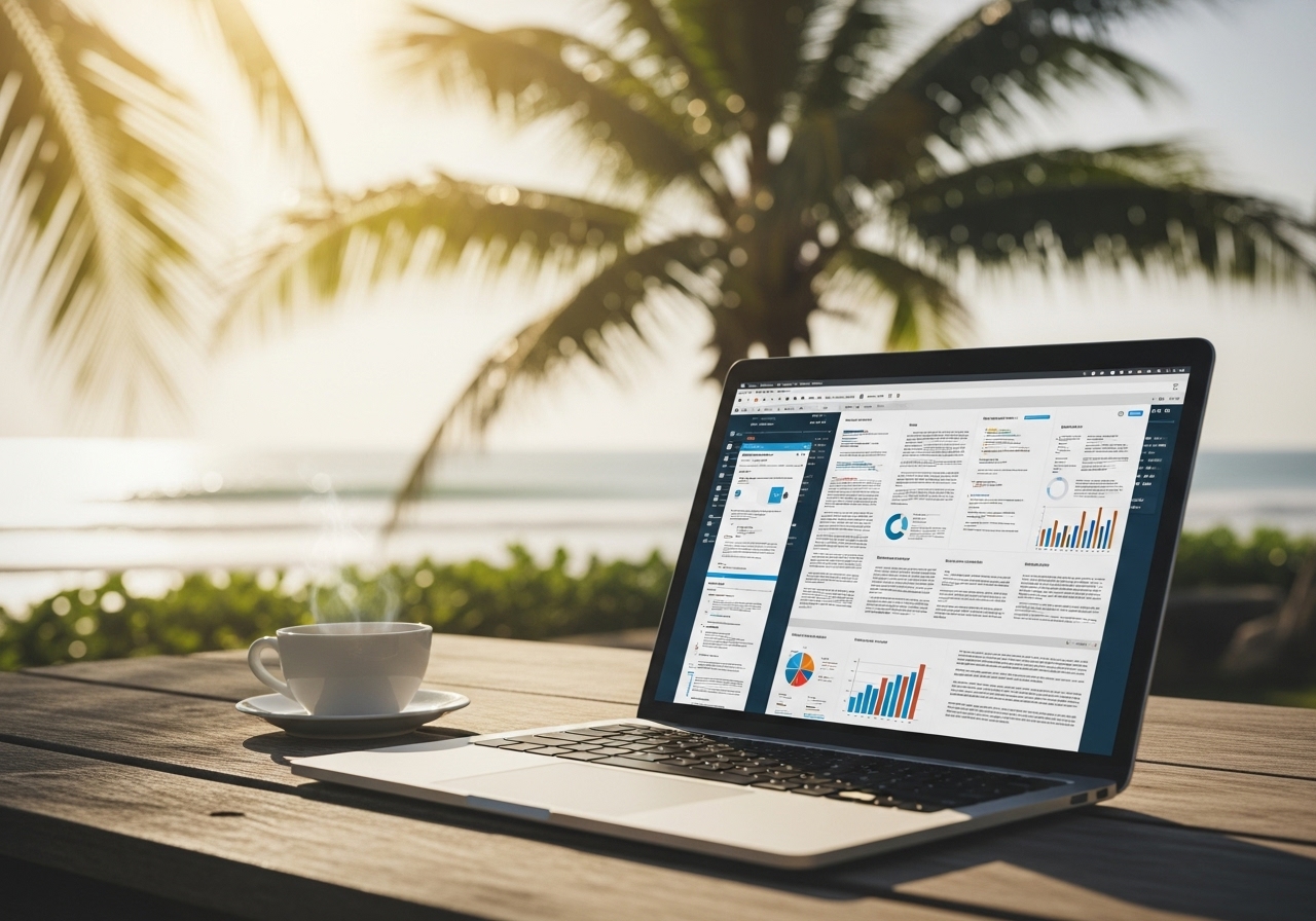 Digital nomad working laptop on beach