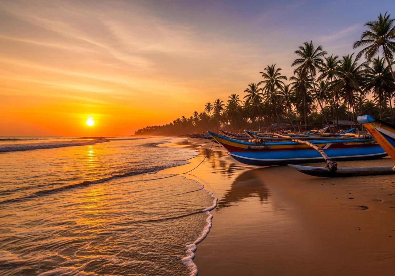 Mirissa beach sunset fishing boats