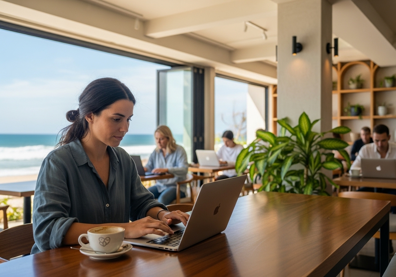 Digital nomad working at beach cafe with laptop