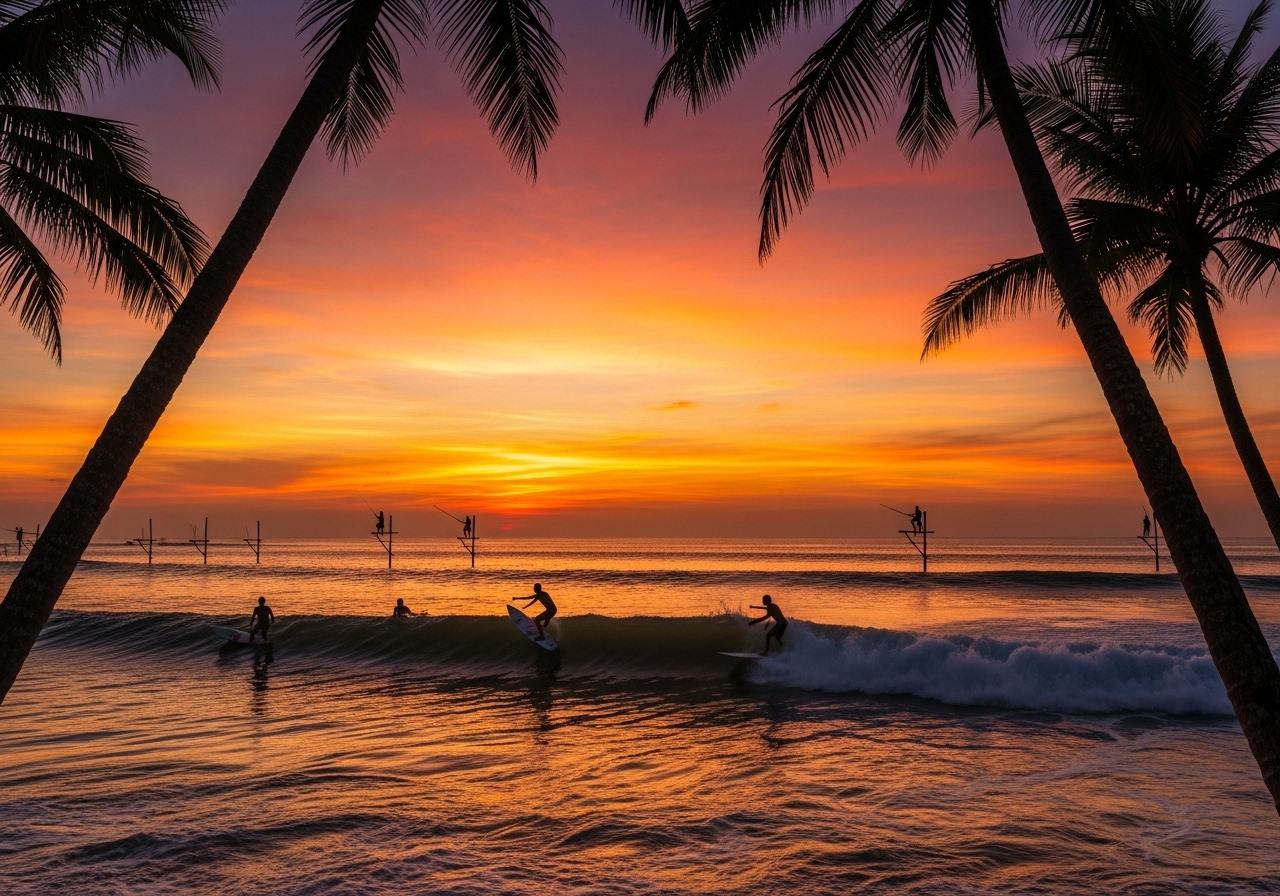 Weligama Bay surfers at sunset